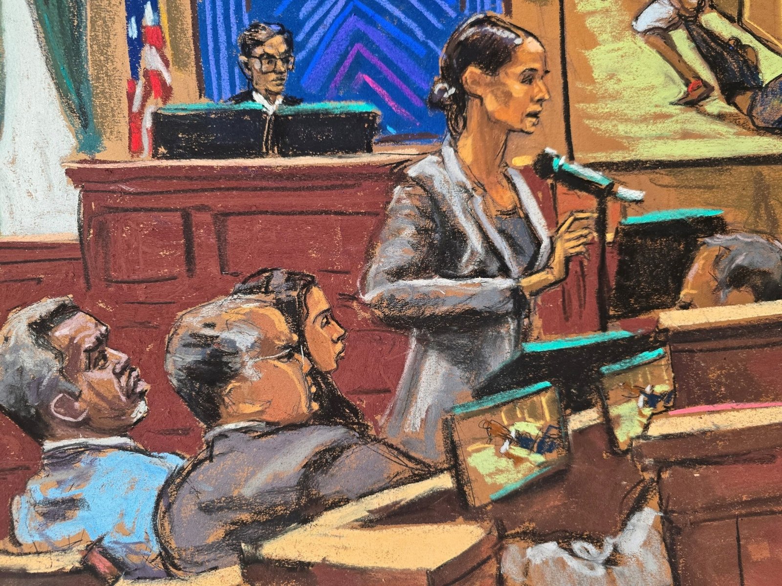 Photo: Sean "Diddy" Combs listens along with their lawyers Marc Agnifilo and Tey Geragos as the assistant lawyer Christy Slavik makes his closing arguments during the combs sexual trafficking trial in New York City, on June 26, 2025.