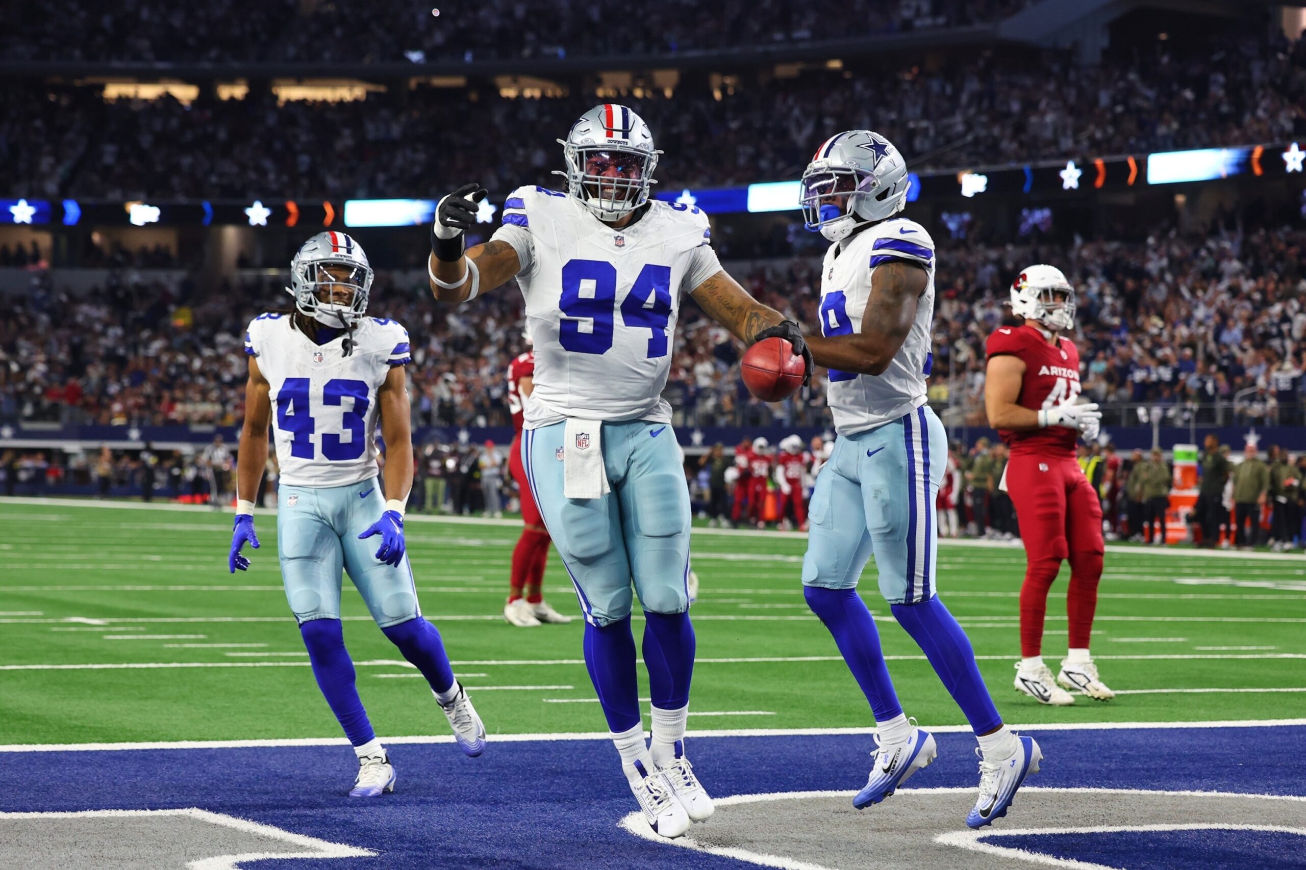 PHOTO: Dallas Cowboys defensive end Marshawn Kneeland celebrates after recovering a blocked punt for a touchdown in the first half of an NFL football game against the Arizona Cardinals on Monday, Nov. 3, 2025, in Arlington, Texas.